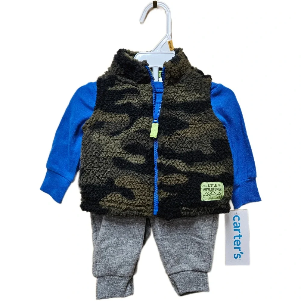 NWT Carter's Newborn Boys Long‎ Sleeve Shirt Camo Vest Jogger 3 Piece Outfit Set